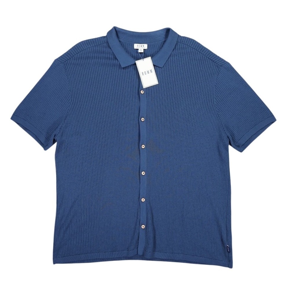ROWM Button‎ Up Polo Shirt Mens XXL Blue New Supima Cotton Ribbed Short Sleeve